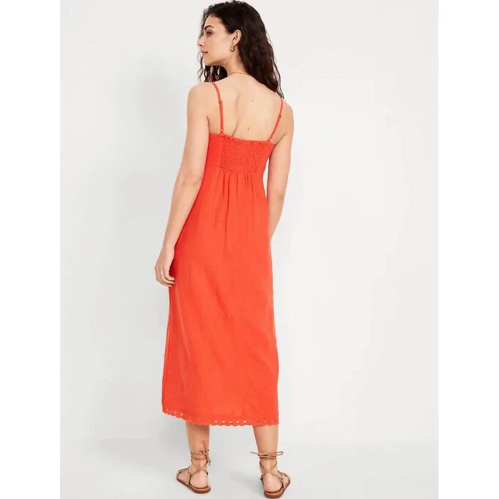Gap L Linen Blend Orange Eyelet Trim Maxi Slip Dress Coastal Cottage Vacation - Picture 2 of 14